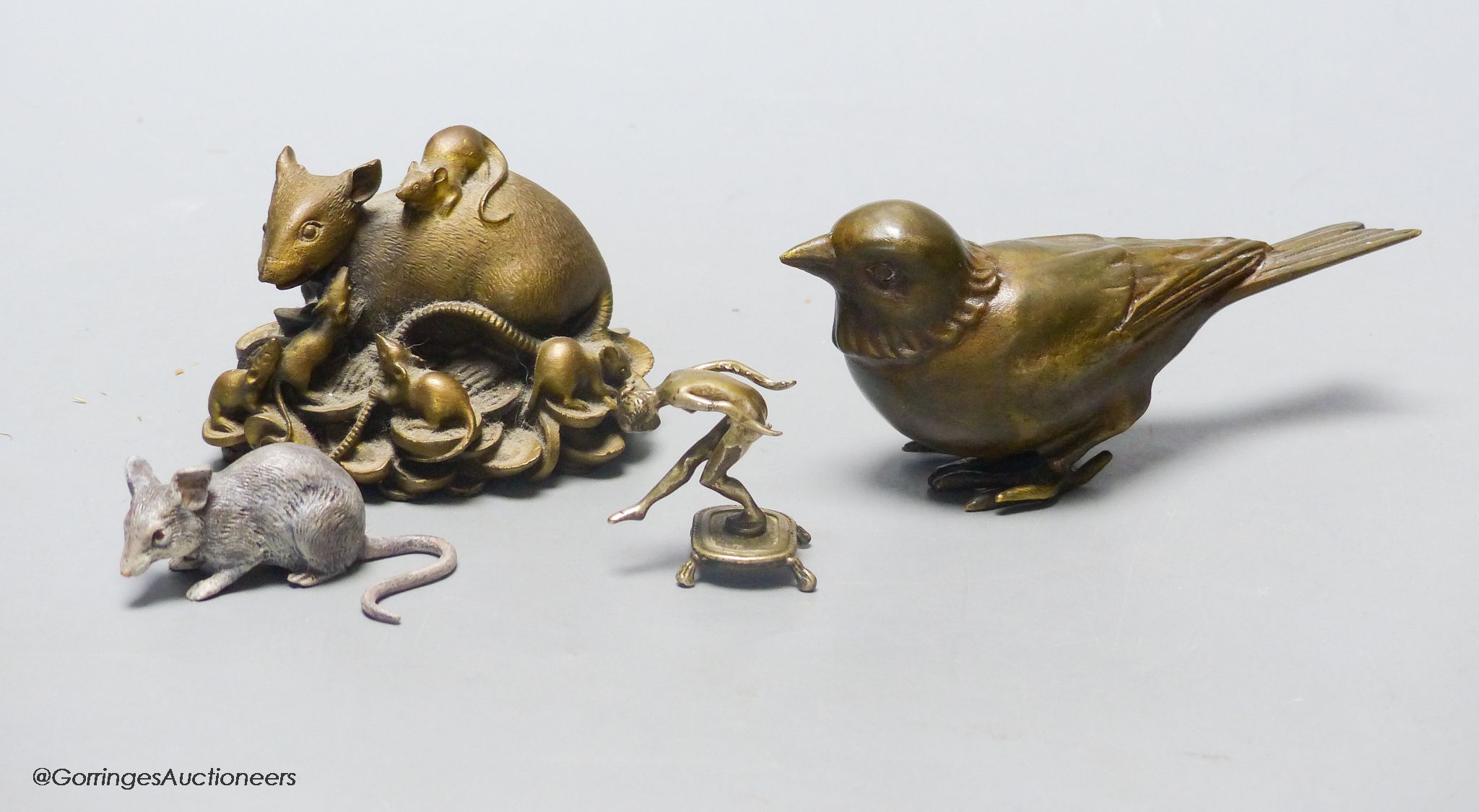After Franz Bergmann, two cast bronze models of mice, a model of a bird, after Max le Verrier, bears signature and miniature bronze of a dancer (4)